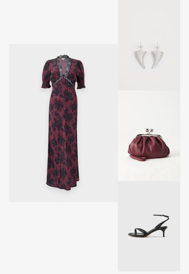 Larga vestido burdeos con patrón floral negro, que presenta mangas abullonadas, un escote en V profundo y detalles de encaje alrededor del escote y la cintura.; Sandalia negra de cuero para mujer con tiras finas, un lazo para el dedo del pie, hebilla en el tobillo y tacón de aguja de altura media sobre un fondo neutro.; Pequeño bolso de mano de cuero burdeos con cierre metálico plateado y correa de muñeca sobre un fondo blanco.; Pendientes en forma de cuerno plateado, engastados con pequeñas piedras transparentes, que cuentan con un cierre trasero para su sujeción. Textura suave y acabado metálico.