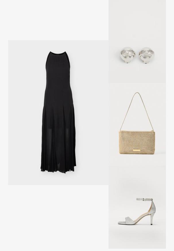 Robe de soirée noire sans manches avec un col montant, un corsage ajusté et une jupe plissée fluide s'étendant jusqu'au sol.; Sandale à talon haut en argent pailleté avec une lanière de cheville, bout ouvert et un talon fin. Texture lisse et design minimaliste.; Pochette dorée de forme rectangulaire, recouverte de strass argentés brillants. Dotée d'une fine bandoulière métallique et d'une fermeture éclair.; Boucles d'oreilles clip en argent avec une forme de dôme et une bande gravée "Fiorucci" autour du centre, présentant une surface polie et réfléchissante.