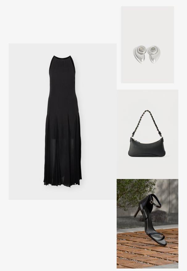 Robe de soirée noire sans manches avec un col montant, un corsage ajusté et une jupe plissée fluide s'étendant jusqu'au sol.; Sandale noire à talon haut avec sangle à la cheville, suspendue au-dessus d'un sol en carreaux de bois à l'extérieur, avec un arrière-plan flou de verdure et de pierre.; Sac à bandoulière en cuir noir de forme rectangulaire incurvée, avec une chaîne dorée tissée dans la bandoulière noire tressée et une fermeture éclair sur le dessus.; Paire de boucles d’oreilles métalliques argentées brillantes avec un design en spirale et une pierre circulaire au centre sur un fond blanc uni.
