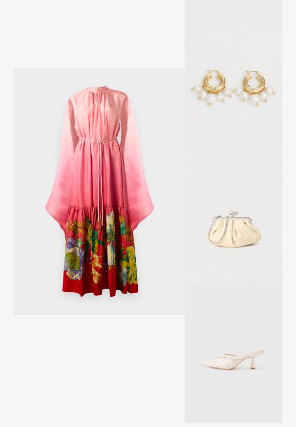 Largo vestido rosa con mangas transparentes de campana, cintura ajustable con cordón y un estampado floral en colores vibrantes en el dobladillo. Textura suave.; Zapato mule de tela beige claro con un diseño anudado en la parte delantera, punta afilada y un tacón delgado y estrecho. Textura suave en general.; Clutch de cuero beige plisado con un marco de metal plateado, que cuenta con dos broches decorativos redondos y una correa de cadena plateada.; Pendientes de aro dorados con tres perlas blancas colgantes, asegurados con acentos de alambre. Acabado metálico liso con un aspecto pulido.