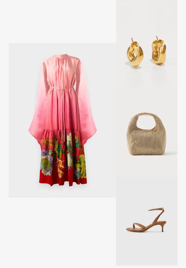 Largo vestido rosa con mangas transparentes de campana, cintura ajustable con cordón y un estampado floral en colores vibrantes en el dobladillo. Textura suave.; Sandalia de cuero marrón con tiras, tacón bajo de estilo kitten y una correa en el tobillo con una pequeña hebilla, mostrada de lado sobre un fondo liso.; Bolso pequeño de tono dorado cubierto de tachuelas redondas brillantes con un asa corta y un recorte rectangular en la parte superior.; Pendientes de aro grueso en oro con un diseño tubular ligeramente retorcido y cierre de presión, sobre un fondo blanco.