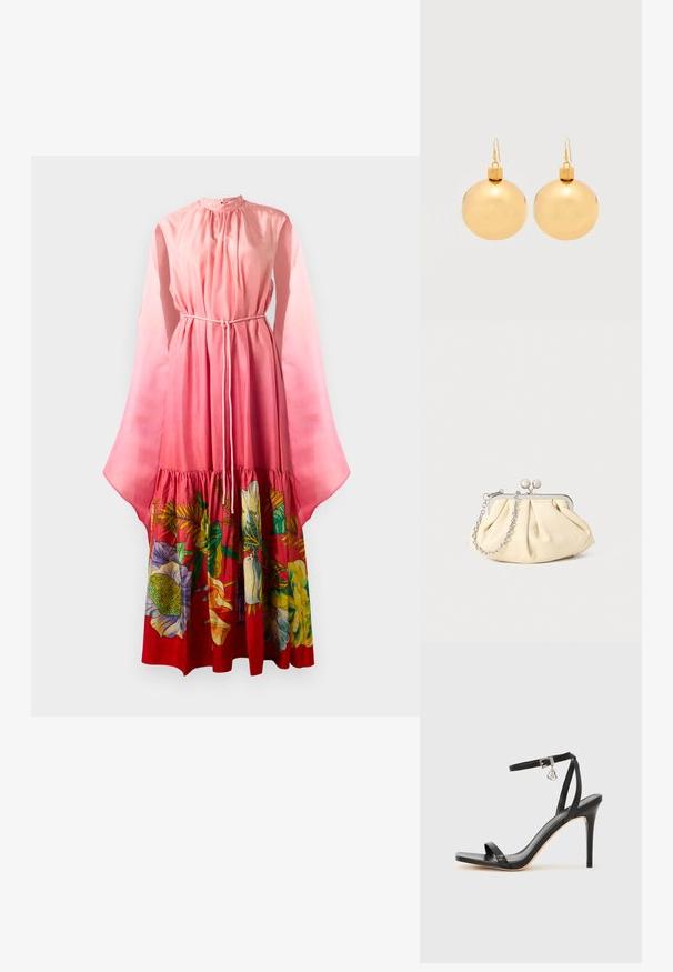 Largo vestido rosa con mangas transparentes de campana, cintura ajustable con cordón y un estampado floral en colores vibrantes en el dobladillo. Textura suave.; Sandalia de tacón alto negra con una estrecha correa en el tobillo, punta cuadrada, material de cuero liso y detalle de hebilla metálica.; Clutch de cuero beige plisado con un marco de metal plateado, que cuenta con dos broches decorativos redondos y una correa de cadena plateada.; Par de pendientes de bola navideña dorados brillantes con cierre de gancho sobre un fondo blanco liso.