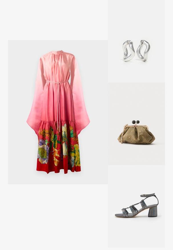 Længde pink kjole med gennemsigtige klokkeærmer, snor i taljen og et blomsterprint i livlige farver forneden. Glat tekstur.; Mansur Gavriel DAY DREAM - Sandaler - glitter; Lille clutch taske med gyldent og sort geometrisk mønster, guldfarvet metalramme, sort kuglelås og en kort guldkæde som rem.; Sølv øreringe i hoop-design med snoet mønster. Runde kanter og blank finish. Åbne lukninger for nem brug. Glat tekstur over det hele.