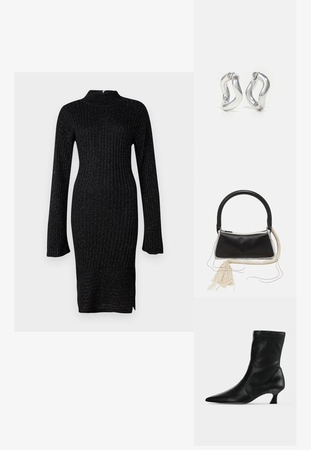 Vestido negro de punto acanalado con mangas largas, cuello alto y tejido texturizado que presenta hilos metálicos sutiles, abertura lateral en el dobladillo.; Bota negra de cuero hasta media pantorrilla con puntera puntiaguda y tacón bajo tipo kitten, vista de lado sobre un fondo claro y liso.; Bolso de cuero negro con un asa redondeada, cremallera plateada, ribete de piel de oveja blanca, y un largo borlón crema unido a la parte delantera.; Pendientes de aro plateados con un diseño retorcido. Bordes redondeados y acabado brillante. Cierres abiertos para un fácil uso. Textura suave en toda la superficie.