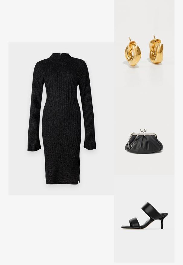Vestido negro de punto acanalado con mangas largas, cuello alto y tejido texturizado que presenta hilos metálicos sutiles, abertura lateral en el dobladillo.; Sandalia mule de cuero negro con dos tiras anchas y un tacón de aguja delgado de altura media sobre un fondo claro y sencillo.; Clutch de cuero negro con textura arrugada, marco de metal en tono plateado, cierre de beso y cadena para colgar. Superficie suave y lisa.; Pendientes de aro grueso en oro con un diseño tubular ligeramente retorcido y cierre de presión, sobre un fondo blanco.
