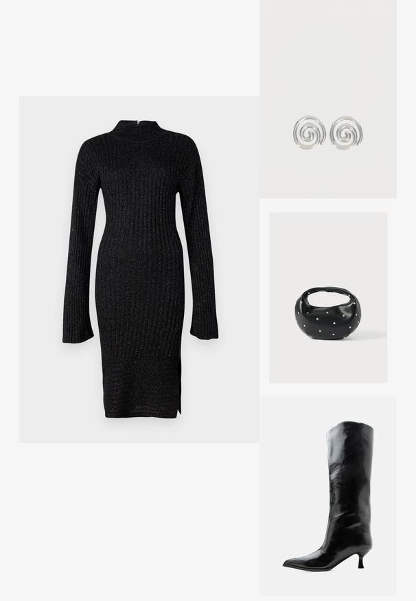 Robe en maille côtelée noire avec des manches longues, col haut et tissu texturé comprenant des fils métalliques discrets, fente sur le côté à l'ourlet.; Botte en cuir noire brillante, haute jusqu'au genou, avec bout pointu et talon bas courbé sur un fond clair uni.; Sac à main en cuir noir de forme arrondie, décoré de clous argentés et équipé d'une poignée courte. Texture lisse et fermeture éclair.; Paire de boucles d'oreilles en forme d'anneau spirale en argent avec un design lisse et arrondi sur fond blanc uni.