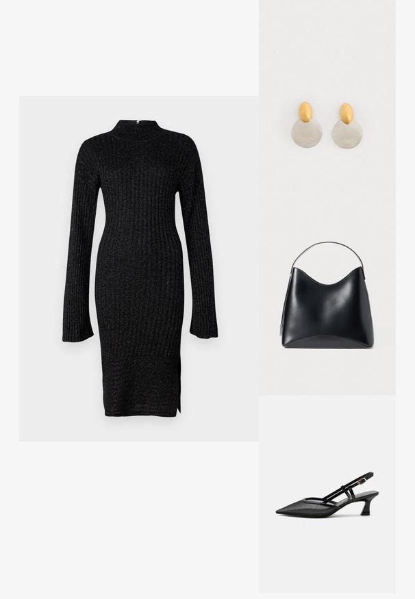 Robe en maille côtelée noire avec des manches longues, col haut et tissu texturé comprenant des fils métalliques discrets, fente sur le côté à l'ourlet.; Chaussure slingback noire à bout pointu avec tige en mesh, fines brides, boucle dorée et petit talon incurvé sur fond blanc.; Sac en cuir noir au design lisse et structuré, avec un dessus arrondi et une courte anse. Minimaliste, sans accents de quincaillerie visibles.; Boucles d'oreilles en métal doré et argenté avec une base en disque rond et une pièce supérieure ovale, texture lisse et finition polie.