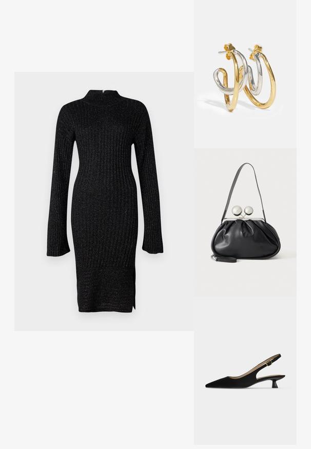 Vestido negro de punto acanalado con mangas largas, cuello alto y tejido texturizado que presenta hilos metálicos sutiles, abertura lateral en el dobladillo.; Zapato slingback negro con punta afilada, tacón bajo tipo kitten y tira con hebilla dorada, mostrado de perfil sobre un fondo claro y liso.; Bolso de mano de cuero negro con diseño fruncido, una sola correa, marco metálico plateado y dos cierres grandes redondos de plata.; Pendientes de aro entrelazados en oro y plata con acabados suaves y brillantes; cuentan con un cierre de presión para un uso seguro.