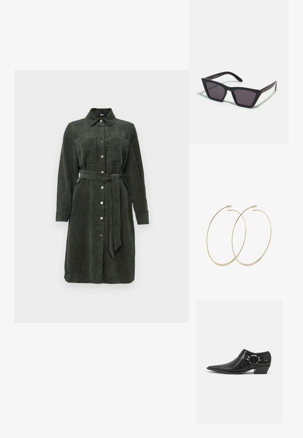Vestido camisero de pana en verde oscuro, con cierre de botones en el frente, cuello, mangas largas, dos bolsillos en el pecho y un cinturón a juego.; Botas de cuero negras hasta el tobillo con puntera puntiaguda, que presentan una correa de cuero en la parte delantera y un detalle de hebilla plateada, además de un tacón bajo y cuadrado.; Gafas de sol negras y angulares con lentes grises; fabricadas en plástico, con varillas gruesas de superficie suave y sin herrajes visibles.; Pilgrim Pendientes - gold-coloured