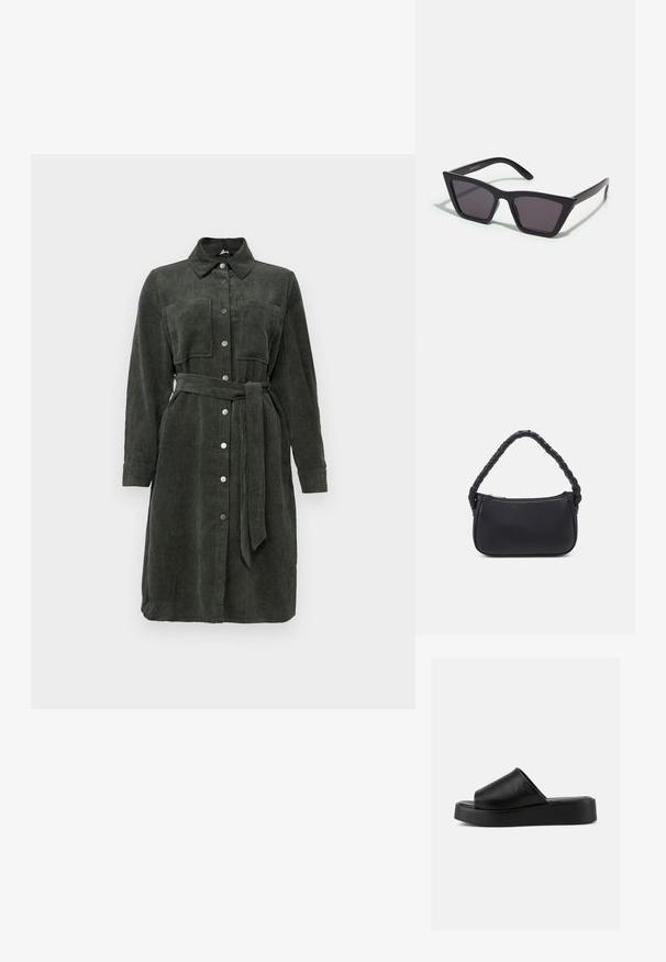 Tummanvihreä corduroy-paita-mekko, jossa on nappikiinnitys edessä, kaulus, pitkät hihat, kaksi rintataskua ja sopiva vyö.; Musta liukusäädettävä korollinen sandaali, jossa leveä nahkainen päällinen ja paksu pohja, esitetty sivuprofiilissa yksinkertaisella harmaalla taustalla.; Mustat, kulmikkaat aurinkolasit harmailla linsseillä; valmistettu muovista, paksuilla varsilla, joissa on sileä pinta ja ilman näkyvää metalliosaa.; Mustat käsilaukku, jolla on pyöreä muoto ja joka on valmistettu sileästä materiaalista. Varustettu punotulla kahvalla ja vetoketjulla turvallista säilytystä varten.