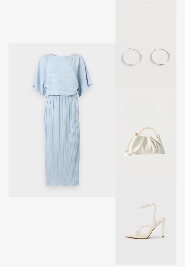 Robe plissée bleu clair avec manches courtes larges et encolure bateau, ornée de fines rayures verticales blanches à pois subtils.; Sandales à talons hauts beiges avec un bout pointu, comportant trois brides à l'avant et une fine bride à la cheville avec une boucle. Texture lisse, design minimaliste.; Petit sac à main blanc avec un corps froncé, une poignée ronde ornée de perles et une bandoulière amovible sur un fond uni.; Boucles d’oreilles créoles en métal argenté avec une surface lisse légèrement incurvée et des fermoirs à clapet sur un fond blanc uni.