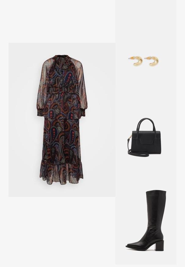 Langes, durchsichtiges Kleid mit Paisleymuster, das dunkelblaue, rote und weiße Akzente aufweist. Ein elastischer Bund und ein Rüschensaum sorgen für Struktur.; Zign by Zalando LEATHER - Stiefel - black; Schwarze strukturierte Handtasche aus Leder mit einem oberen Tragegriff, abnehmbarem Schulterriemen und einer Klappe auf der Vorderseite. Akzente in Goldmetall.; Goldene, mondförmige Ohrringe mit glatter Oberfläche, die orangefarbene Akzente nahe dem Stecker und silberne Beschläge aufweisen.