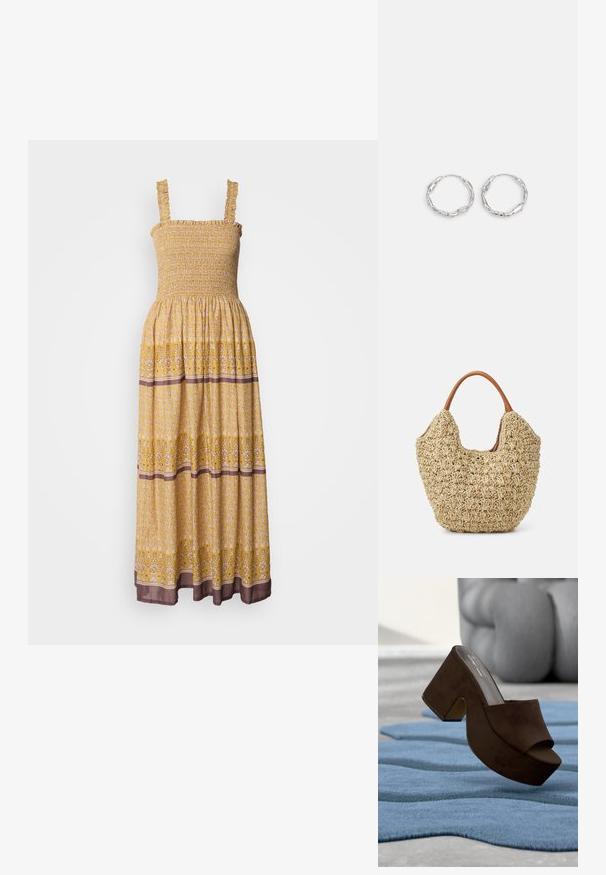 Gelbes, blumiges Maxikleid mit gerafftem Oberteil, Rüsche-Trägern und kontrastierendem braunen Band am Saum. Leichter, fließender Stoff.; Brauner Wildleder-Plateau-Mule-Schuh, präsentiert auf einem strukturierten blauen Teppich mit einer grauen abstrakten Skulptur im Hintergrund.; Geflochtene Strohtasche mit natürlicher Textur und weicher, organischer Form, ausgestattet mit braunen Ledergriffen für einfaches Tragen.; Silberne Creolen mit einer welligen, unregelmäßigen Textur. Besitzen eine dünne, kreisförmige Form und eine reflektierende Oberfläche.
