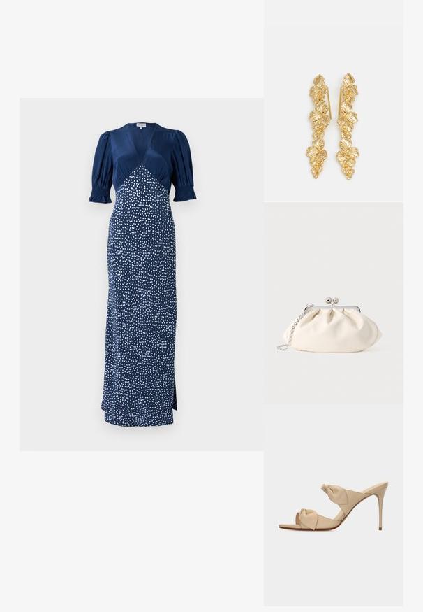 Marineblauwe jurk met een V-hals, pofmouwen en een witte stippenpatroon. Heeft een aansluitende lijfje en een lange rok met een split aan de zijkant.; Beige open-toe hoge hak mule sandaal met twee gedraaide knoopbanden en een smalle naaldhak op witte achtergrond.; Crèmekleurige stoffen clutch met een geplooid ontwerp, een zilverkleurig metalen frame, twee decoratieve balletjes en een zilveren kettingriem.; Gouden oorbellen ontworpen als watervallen van bladeren, met gedetailleerde bladvormen en een glanzende metalen afwerking. Lichtgewicht met een delicate structuur.