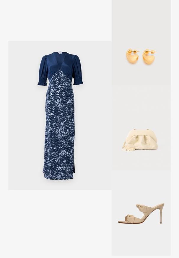 Mørkeblå kjole med V-udskæring, puffærmer og et hvidt prikket mønster. Har en tætsiddende bodice og en lang nederdel med en slidse i siden.; Beige åben tå højhælet mule-sandal med to snoede knudestrimler og en slank stilet-hæl på hvid baggrund.; Håndtaske i kremfarvet stof med blomsterbroderi, blød afrundet topramme og justerbar rem, lagt foran på en lysegrå baggrund.; Par af små, robuste ørestikker i guldfarvet metal med glatte, buede, abstrakte former på en lys baggrund.