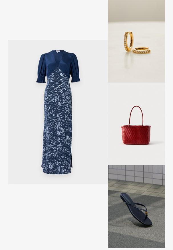 Marineblauwe jurk met een V-hals, pofmouwen en een witte stippenpatroon. Heeft een aansluitende lijfje en een lange rok met een split aan de zijkant.; Zwarte leren teenslipper met een gouden decoratieve gesp, rustend op gestructureerd straatwerk nabij een betegelde muur in een buitenomgeving.; Rode geweven rechthoekige mand met een enkele gevlochten handgreep die omhoog wijst, tegen een effen lichte achtergrond.; Gouden creolen met kleine heldere edelstenen langs de buitenrand, tentoongesteld op een glad, licht oppervlak.