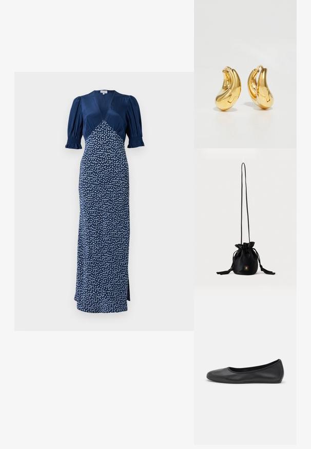 Vestido azul marino con escote en V, mangas abullonadas y un estampado de lunares blancos. Presenta un corsé ajustado y una falda larga con una abertura lateral.; Bailarina de piel negra con punta redondeada, textura suave, detalle de costura minimalista y diseño de suela flexible.; Bolso tipo bucket negro con cordón, con una correa larga y delgada y un pequeño logo cuadrado dorado en la parte delantera, mostrado sobre un fondo liso.; Pendientes de aro de oro con forma curva y suave, y acabado pulido. Presentan un mecanismo de cierre y ligeras indentaciones para un toque de detalle.