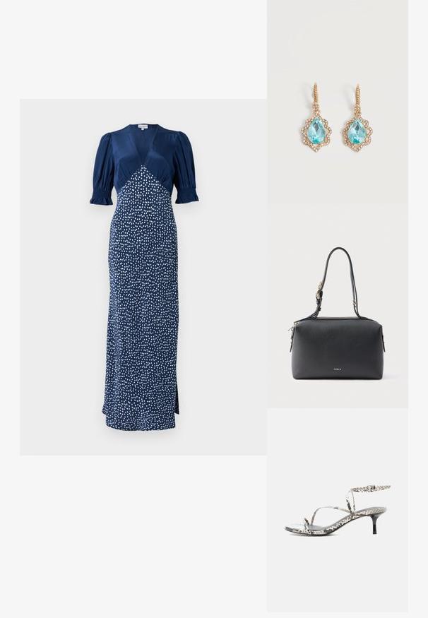 Robe bleu marine avec un décolleté en V, des manches bouffantes et un motif à pois blancs. Présente un corsage ajusté et une longue jupe avec une fente sur le côté.; Sandale à talon haut à brides avec un motif cuir de serpent, fines brides, boucle à la cheville et talon noir fin sur fond blanc.; Sac à main en cuir noir à la forme structurée, orné de détails en métal doré, fermeture éclair supérieure et une seule sangle réglable. Présente le logo de la marque.; Boucles d'oreilles goutte en or avec des pierres précieuses bleues en forme de goutte entourées de petits cristaux clairs sur un fond clair.
