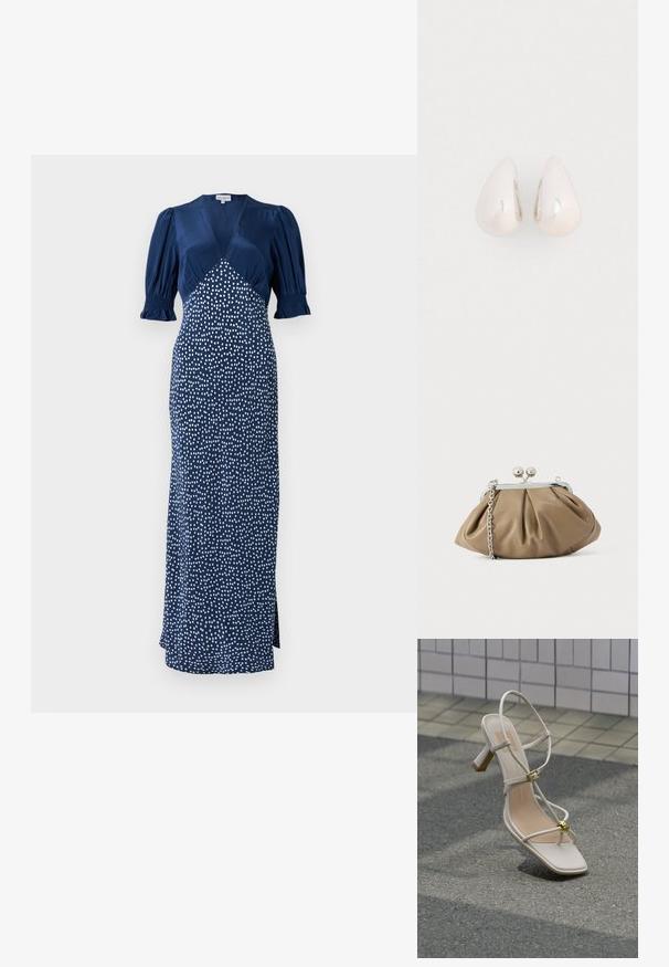 Marineblauwe jurk met een V-hals, pofmouwen en een witte stippenpatroon. Heeft een aansluitende lijfje en een lange rok met een split aan de zijkant.; Beige sandaal met hak en bandjes, voorzien van een gouden gesp en een decoratieve gouden bol, op een geplaveide ondergrond bij een betegelde muur.; Leren clutch in zacht beige met een afgeronde vorm, geplooide textuur, zilveren kiss-lock sluiting en een afneembare kettingriem.; Zilveren metalen druppeloorbellen met een gladde, reflecterende oppervlakte en een druppelvorm, voorzien van een naadloos ontwerp en zonder zichtbare versieringen.