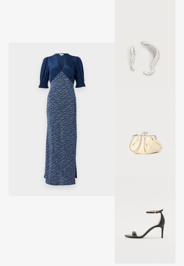 Vestido azul marino con escote en V, mangas abullonadas y un estampado de lunares blancos. Presenta un corsé ajustado y una falda larga con una abertura lateral.; Sándalo de tacón alto de piel negra con tiras en el tobillo. Presenta una textura suave, puntera abierta y un tacón delgado. Detalles de hebilla en tono dorado.; Clutch de cuero beige plisado con un marco de metal plateado, que cuenta con dos broches decorativos redondos y una correa de cadena plateada.; Dos pendientes de plata curvados, uno más grande que el otro, ambos adornados con pequeños cristales brillantes a lo largo de un borde.