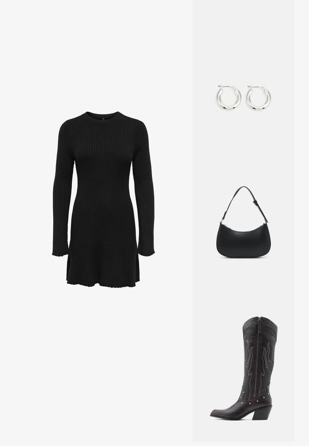 Robe noire en tricot côtelé avec des manches longues, un col rond et des fentes sur les côtés à l'ourlet. La texture du tissu est douce et élastique.; Bottes de cowboy en cuir marron avec surpiqûres en forme de flammes, fermeture éclair latérale, clous argentés, bout pointu et talon superposé.; Pieces PCALUANA SHOULDER BAG - Sac à main - black; Boucles d'oreilles en argent avec une finition polie, présentant une forme circulaire et une fermeture à charnière. Texture lisse avec un minimum de détails.