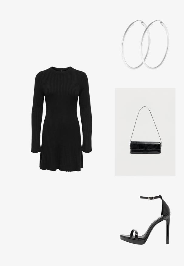 Robe noire en tricot côtelé avec des manches longues, un col rond et des fentes sur les côtés à l'ourlet. La texture du tissu est douce et élastique.; Steve Madden MILANO - Sandales à talons hauts - black; Sac à bandoulière en cuir noir effet croco, forme rectangulaire, texture brillante, avec une fine sangle réglable et une fermeture à rabat frontale.; Boucles d'oreilles en argent, de forme ronde lisse et finition polie. Les deux boucles d'oreilles sont de la même taille et disposent d'un mécanisme de fermeture sécurisé.