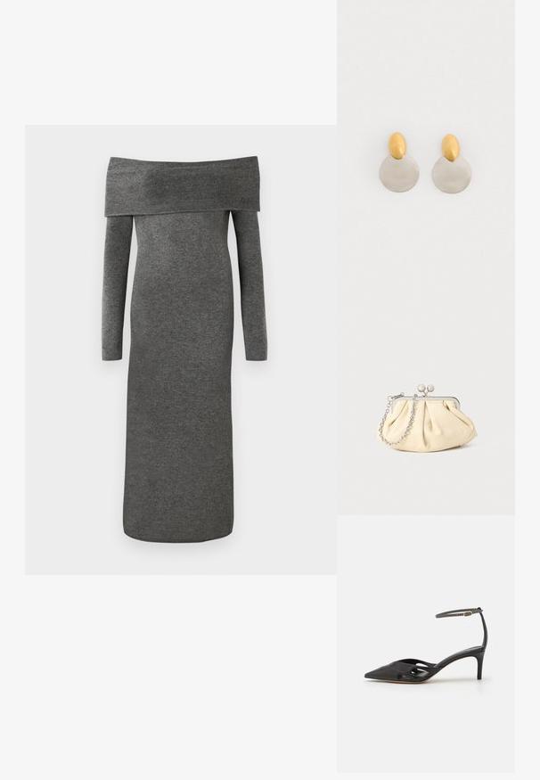 Stropeløs, langærmet kjole i mørkegrå strikket stof. Slim fit, gulvlængde design med glat tekstur og ingen synlige lukninger.; Sort læder højhælet sko med spids tå, åbne sider og en tynd ankelrem med en lille guld detalje.; Plisseret beige læderclutch med en sølvmetalramme, der har to runde dekorative låse og en sølvkædetrasporte.; Guld- og sølvmetalløreringe med en rund skivebund og et ovalt topstykke, glat tekstur og poleret finish.