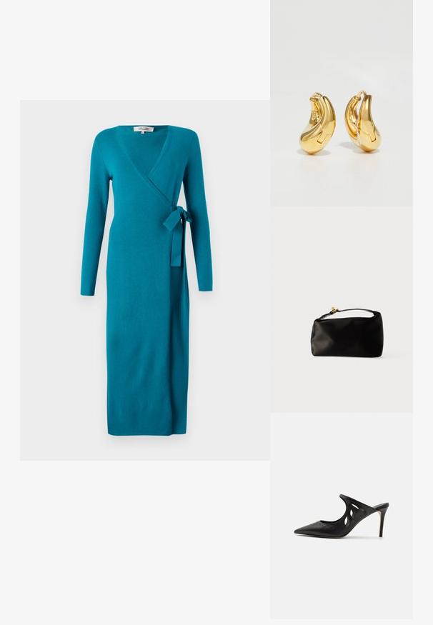 Diane von Furstenberg ASTRID WRAP DRESS - Svetríkové šaty - teal; Čierne kožené vysoké špičaté papuče s výrezmi po stranách a hladkou textúrou. Stiletto podpätok a jemný steh.; Čierna saténová taška v tvare guľatého pohlavia, s hornou rúčkou a zlatým zapínaním. Hladký povrch s minimalistickým dizajnom.; Zlaté kruhové náušnice s hladkým, zakriveným tvarom a lesklým povrchom. Majú uzatvárací mechanizmus a jemné prehlbenia pre detail.