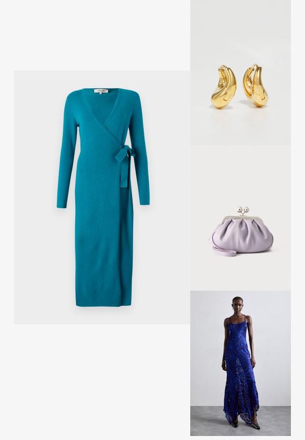 Diane von Furstenberg ASTRID WRAP DRESS - Strikkjoler - teal; Blå og lilla dyreprint maxi kjole med tynde stropper, en tætsiddende bodice, flagrende kant og gennemsigtig overlay-detaljering.; Blød lavendel clutch med opsamlet stof, sølv kiss-lock lås og matchende håndledsrem på en ensfarvet lys baggrund.; Guldringeøreringe med en glat, buet form og poleret overflade. Udstyret med en lukkeanordning og lette fordybninger for detaljer.