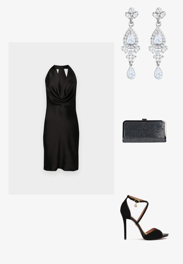Schwarzes Satin-Halterkleid mit drapiertem Vorderteil, figurbetonendem Schnitt und Ausschnitt-Detail am Kragen, das bis zur Mitte des Oberschenkels reicht.; Schwarze Wildleder-Hochzeitsandaletten mit gekreuzten Knöchelriemen, goldenen Beschlägen, offenem Zehendesign und einer glatten Lederinnensohle.; Rechteckige schwarze Clutch mit kleinen glänzenden Perlen bedeckt, silberner Metallrahmen und Verschluss oben.; Elli ANTIQUE DROP - Ohrringe - weiß