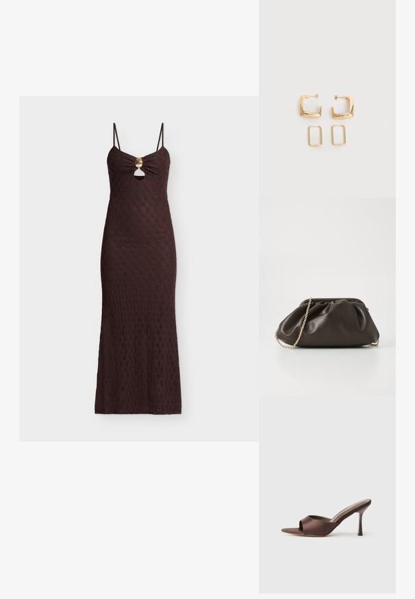 Robe maxi marron foncé sans manches avec fines bretelles, une découpe frontale sous un fermoir doré, et un motif floral texturé sur toute la surface.; Mule en satin marron à bout ouvert avec un talon fin de hauteur moyenne et une conception à enfiler sur fond blanc uni.; Sac à main en cuir marron avec un design froncé, une bandoulière en chaîne dorée et une finition douce et texturée. Sa forme compacte est idéale pour une utilisation en soirée.; Deux paires de Boucles d'oreilles créoles géométriques dorées sur une surface blanche unie, une paire carrée et pleine, une paire rectangulaire et creuse.