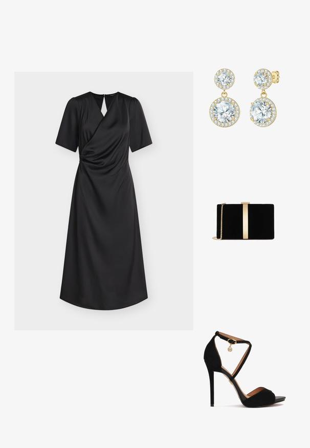 Vestido midi negro con mangas cortas, cuerpo estilo cruzado, ligero fruncido en la cintura y abertura en la espalda con cierre de botón.; Sandalia de tacón alto de ante negro con correas cruzadas en el tobillo, herrajes dorados, diseño de punta abierta y una suave plantilla de cuero.; Clutch de terciopelo negro con un acento metálico en tono dorado en el centro, que presenta una cadena y una forma rectangular elegante.; Pendientes colgantes en tono dorado que presentan dos piedras redondas rodeadas de pequeños cristales transparentes, con un acabado pulido y un cierre seguro.