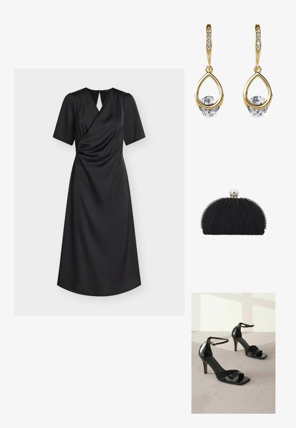 Zwarte midi-jurk met korte mouwen, overslag-bovenstuk, lichte plooien in de taille en een rugopening met knoopsluiting.; Next REGULAR FIT - SIGNATURE - Sandalen met hoge hak - black; Zwarte avondclutch met gestructureerde stof, omlijst door een rij kleine parels en een grote parelsluiting bovenop.; Gouden druppeloorbellen met ronde, heldere edelstenen aan de basis. Gelaagd bovenstuk met kleine, ronde accenten langs de ring.