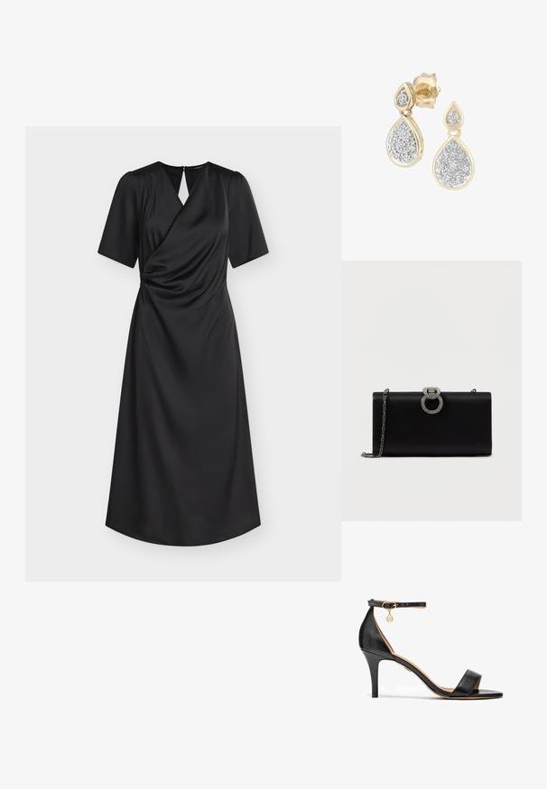 Schwarzes Midikleid mit kurzen Ärmeln, Wickel-Oberteil, leichter Raffung in der Taille und rückseitigem Schlüsselloch mit Knopfverschluss.; Schwarze Leder-Sandaletten mit hohem Absatz, einem einzelnen Riemen über den Zehen, einem Knöchelriemen, goldenen Beschlägen und einem schlanken Stiletto-Absatz.; Schwarze Satin-Clutch mit einem silberfarbenen, rundenverschluss, der mit Strasssteinen verziert ist. Sie verfügt über eine abnehmbare Kettenriemen.; Tropfenohrringe mit einem goldenen Rahmen und silbernen Akzenten, verziert mit mehreren kleinen, runden glitzernden Steinen in einer dekorativen Anordnung.