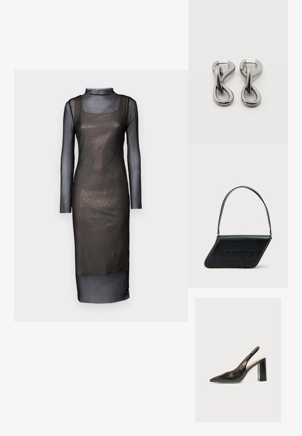 Sort mesh langærmet kjole med en tætsiddende silhuet. Har en firkantet halsudskæring og en gennemsigtig overlag. Glat tekstur med et lagdelt design.; Sort læder kvindesko med slingback, spids tå og tyk blokhøj hæl på hvid baggrund.; Sort skuldertaske i læder med trekantet form, præget logo og en enkelt justerbar rem. Minimalistisk design med glat tekstur.; Par af sølvtonede metale øreringe med abstrakt sammenflettet løbedesign på hvid baggrund.