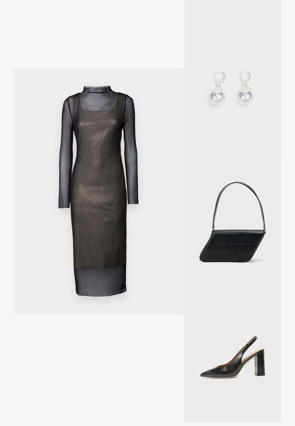 Robe longue en mesh noir à manches longues avec une silhouette ajustée. Dotée d'un décolleté carré et d'un revêtement transparent. Texture lisse avec un design en couches.; Chaussure slingback en cuir noir à bout pointu avec un talon bloc haut et une doublure intérieure beige sur un fond clair uni.; Sac d'épaule en cuir noir de forme triangulaire, avec un logo embossé et une seule bandoulière réglable. Design minimaliste avec une texture lisse.; Boucles d'oreilles en argent en forme de goutte avec des surfaces lisses, rondes et réfléchissantes, suspendues à des fermoirs à ressort. L'arrière-plan est blanc uni.
