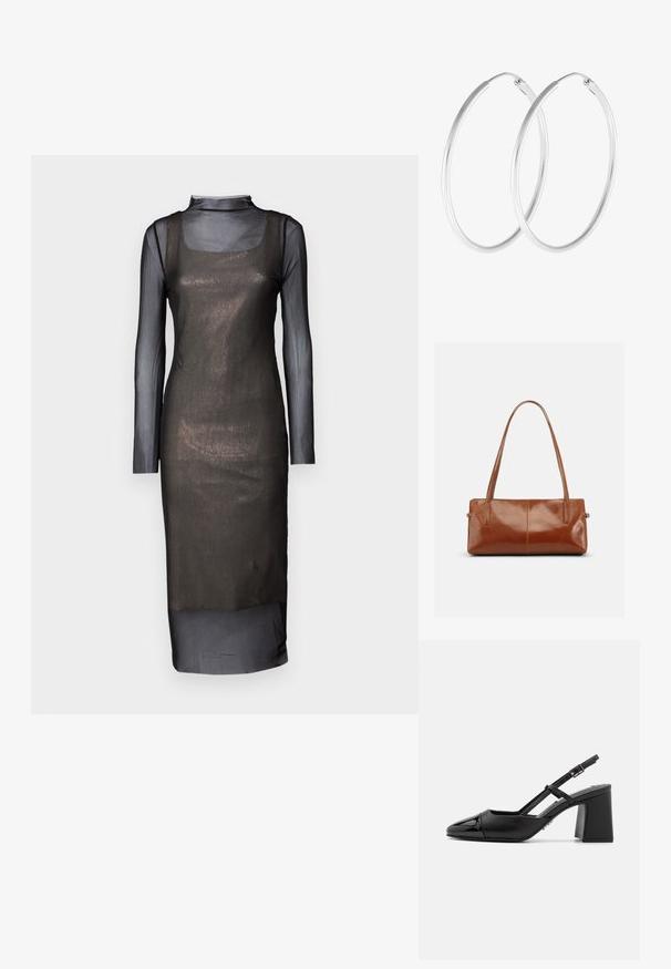 Robe longue en mesh noir à manches longues avec une silhouette ajustée. Dotée d'un décolleté carré et d'un revêtement transparent. Texture lisse avec un design en couches.; Escarpin en cuir verni noir à talon bloc avec un bout pointu et une bride réglable. Texture lisse et design minimaliste.; Sac à main rectangulaire en cuir marron avec deux longues bandoulières, finition lisse et brillante, au design minimaliste sur un fond uni.; Boucles d'oreilles en argent, de forme ronde lisse et finition polie. Les deux boucles d'oreilles sont de la même taille et disposent d'un mécanisme de fermeture sécurisé.