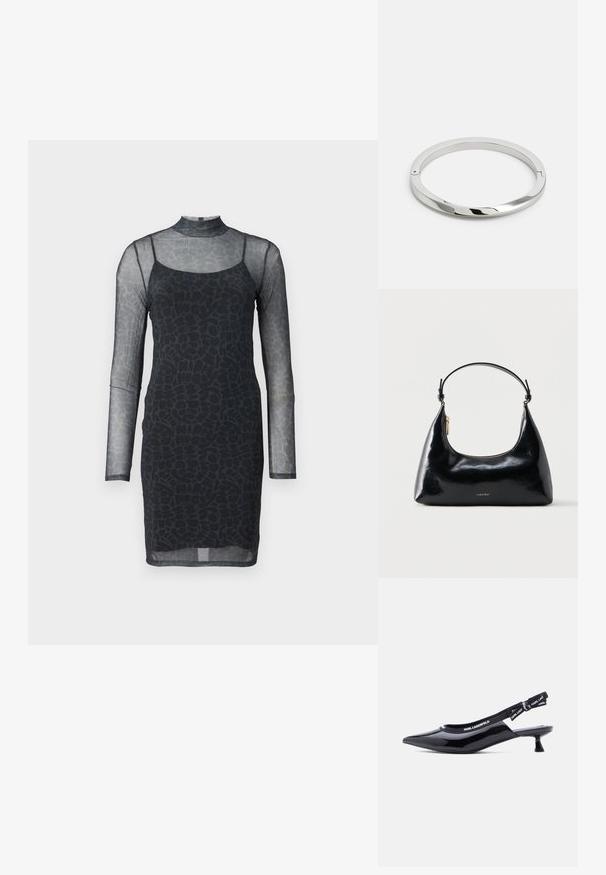 Vestido negro con mangas largas transparentes y cuello alto. Presenta una silueta ajustada y un patrón texturizado abstracto integrado en la tela.; Zapato de charol negro estilo slingback con tacón bajo de aguja, punta puntiaguda y tirante elástico con la marca "KARL LAGERFELD".; Bolso negro brillante de Calvin Klein con cremallera dorada y correa corta sobre un fondo blanco liso.; Pulsera de metal plateado con una superficie lisa y brillante y bordes planos. Presenta un diseño circular abierto con un sutil detalle de cierre.