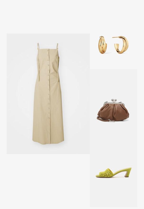 Khaki midi kleit spagetti rihmadega, nupuga ees sulgemine ja minimalistlik disain pehmest tekstureeritud kangast. Ilma mustrite või aktsentideta.; Avatud varbaosaga jalats lime-rohelises toonis, kudumnahast pealiskihi ja keskmise kõrgusega plokktakiga, ühevärvilise taustaga.; Weekend Max Mara PRATI - Väike käekott - cuoio; Paari läikivad kuldsed keeratud rõngaskõrvarõngad, üks on näidatud eestvaates ja teine küljelt koos nähtava keelega ja kinnitusega.