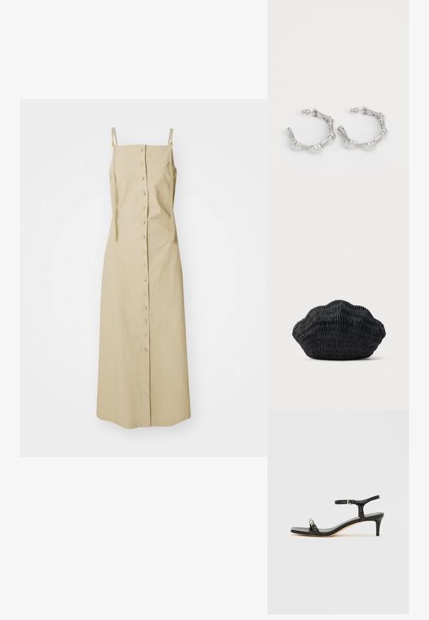Khaki midi kleit spagetti rihmadega, nupuga ees sulgemine ja minimalistlik disain pehmest tekstureeritud kangast. Ilma mustrite või aktsentideta.; Mustast nahast kontsaga sandaal pahklipaelaga, avatud varbaga, ruudukujulise esiosa ja hõbedase riistvaralist rõhutusega. Lõigatud disain ja sujuv profiil.; Mustast punutud käsitööna valmistatud käekott, mis on kujult fenkoli koore sarnane, ümaral küljel ja kootud tekstuuriga ning lihtsal taustal.; Hõbedased rõngakõrvarõngad, millel on struktureeritud, krobeline disain. Valmistatud metallist, tagab kindel püstkinnitus ja läikiv viimistlus.