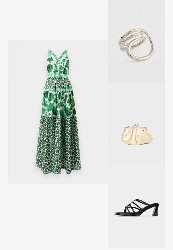 Grøn blomster maxi-kjole med en tætsiddende bodice, krydsede stropper, lagdelt design og ternede detaljer. Fremstillet af letvægtsstof.; Sort åben tå hælsandal med tynde grønligt-sorte krydsede remme og en udvidet blokhæl på hvid baggrund.; Plisseret beige læderclutch med en sølvmetalramme, der har to runde dekorative låse og en sølvkædetrasporte.; Poleret sølv åben spiralring med glatte, afrundede bånd, der krøller i et abstrakt, moderne design på en hvid baggrund.