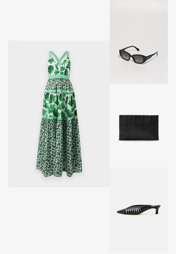 Grøn blomster maxi-kjole med en tætsiddende bodice, krydsede stropper, lagdelt design og ternede detaljer. Fremstillet af letvægtsstof.; Sort læder mule med spids snude, stropdetalje og lav kittenhælk på hvid baggrund.; Sorte rektangulære solbriller med gradientlinser. Lavet af plastik, med gyldent brandmærke på stængerne og en mat finish.; Sort clutch i læder med en flad rektangulær form, der har horisontale ribbede detaljer og en glat tekstur.