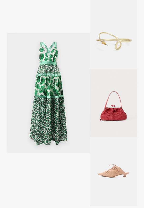 Grøn blomster maxi-kjole med en tætsiddende bodice, krydsede stropper, lagdelt design og ternede detaljer. Fremstillet af letvægtsstof.; Beige dames mule i læder med spids tå, rynket overdel, snøre og lav kittenhæl på hvid baggrund.; Lille rød vævet pung med en enkelt rem, sølvramme, kugle-lukning og vedhæftet sølvkædedetalje.; Guldfarvet metalarmbånd med flydende, kurvet design. Har en lille, fremtrædende sølvfarvet accent i den ene ende.