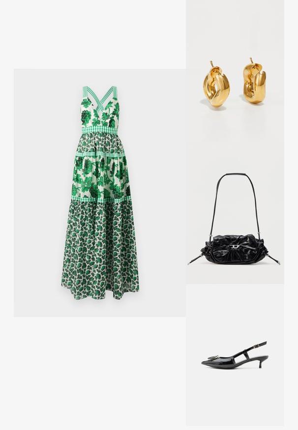 Vestido maxi floral verde con un corpiño ajustado, tirantes cruzados, diseño de volantes y acentos a cuadros. Hecho de una tela ligera.; Zapato slingback de charol negro con tacón kitten, punta puntiaguda, laterales recortados, correa con hebilla y detalle metálico circular en la punta.; Bolso de mano de cuero negro con diseño fruncido y detalle de lazo en la parte frontal. Cuenta con un asa corta y detalles metálicos en color plata.; Pendientes de aro grueso en oro con un diseño tubular ligeramente retorcido y cierre de presión, sobre un fondo blanco.