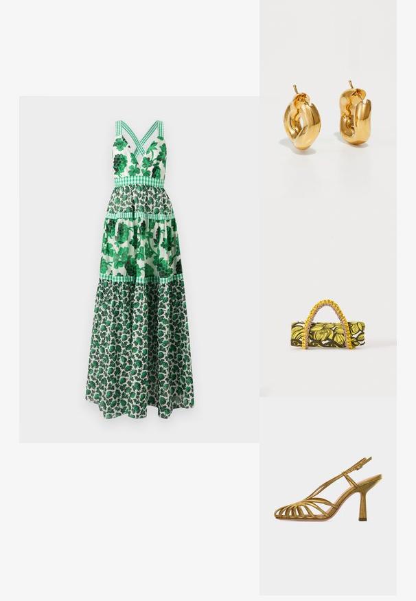 Vestido maxi floral verde con un corpiño ajustado, tirantes cruzados, diseño de volantes y acentos a cuadros. Hecho de una tela ligera.; Sandalia dorada de tacón alto con tiras, puntera abierta, correa ajustable en el tobillo y tacón medio cónico, vista lateral sobre fondo blanco.; Bolsa rectangular con patrón floral en amarillo y negro y asa trenzada amarilla y rosa sobre fondo blanco.; Pendientes de aro grueso en oro con un diseño tubular ligeramente retorcido y cierre de presión, sobre un fondo blanco.