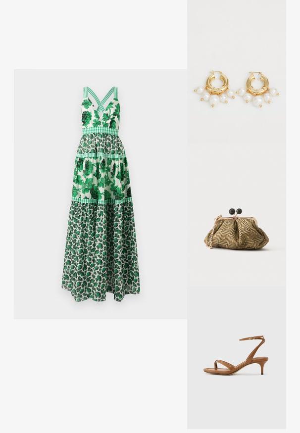 Vestido maxi floral verde con un corpiño ajustado, tirantes cruzados, diseño de volantes y acentos a cuadros. Hecho de una tela ligera.; Sandalia de cuero marrón con tiras, tacón bajo de estilo kitten y una correa en el tobillo con una pequeña hebilla, mostrada de lado sobre un fondo liso.; Pequeño bolso de mano con patrón geométrico en dorado y negro, marco metálico dorado, cierre de bola negro y una corta correa de cadena dorada.; Pendientes de aro dorados con tres perlas blancas colgantes, asegurados con acentos de alambre. Acabado metálico liso con un aspecto pulido.