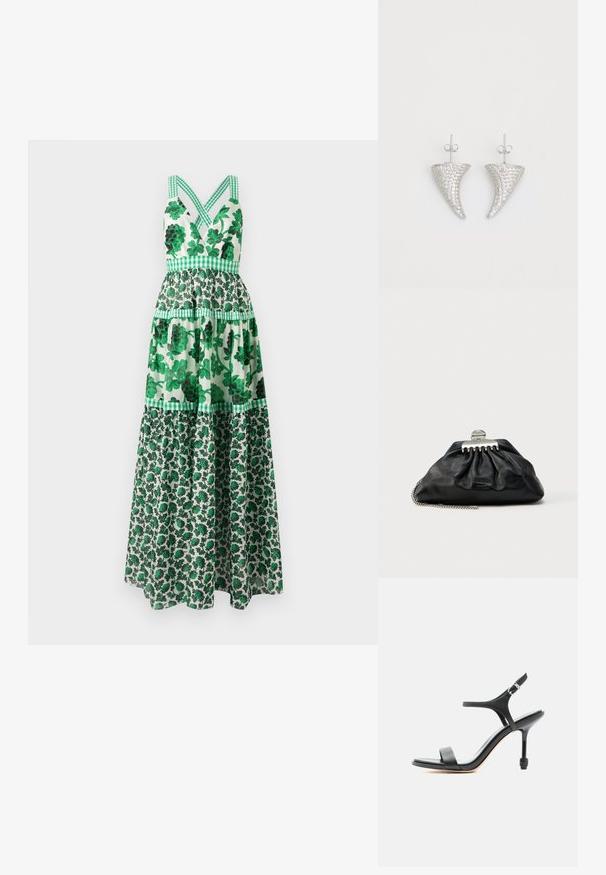 Vestido maxi floral verde con un corpiño ajustado, tirantes cruzados, diseño de volantes y acentos a cuadros. Hecho de una tela ligera.; Sandalia negra de cuero con tacón alto, tiras delgadas, puntera abierta y hebilla ajustable en el tobillo, presentada sobre un fondo blanco liso.; Bolso de mano de cuero negro con diseño fruncido, cierre de herrajes plateados y correa de cadena. Marca sutil grabada en relieve en la parte delantera.; Pendientes en forma de cuerno plateado, engastados con pequeñas piedras transparentes, que cuentan con un cierre trasero para su sujeción. Textura suave y acabado metálico.