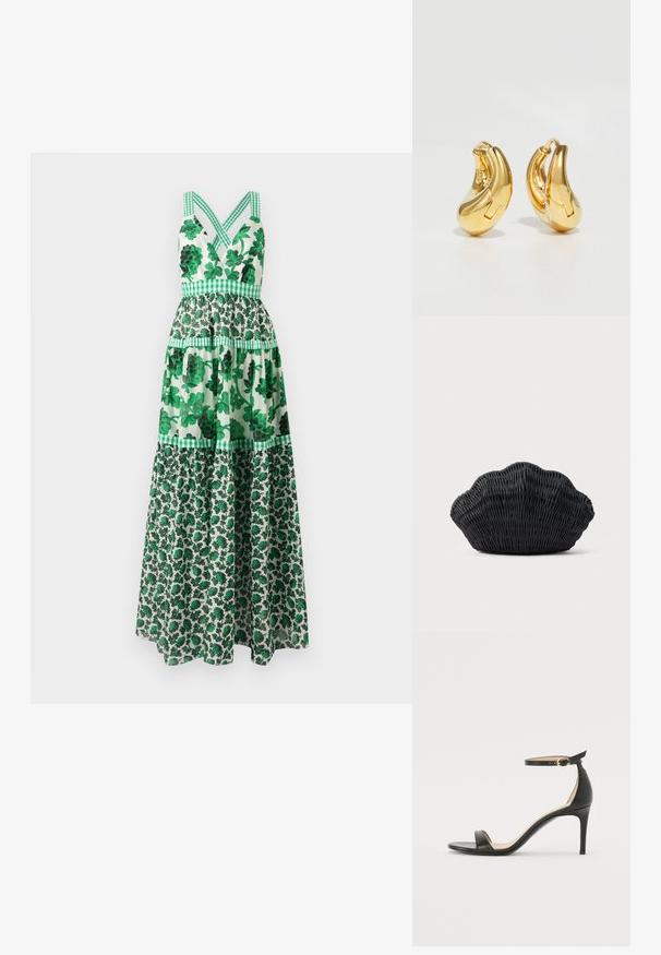 Vestido maxi floral verde con un corpiño ajustado, tirantes cruzados, diseño de volantes y acentos a cuadros. Hecho de una tela ligera.; Sándalo de tacón alto de piel negra con tiras en el tobillo. Presenta una textura suave, puntera abierta y un tacón delgado. Detalles de hebilla en tono dorado.; Bolso de mimbre negro con forma de concha de vieira con parte superior curva y textura tejida sobre un fondo liso.; Pendientes de aro de oro con forma curva y suave, y acabado pulido. Presentan un mecanismo de cierre y ligeras indentaciones para un toque de detalle.