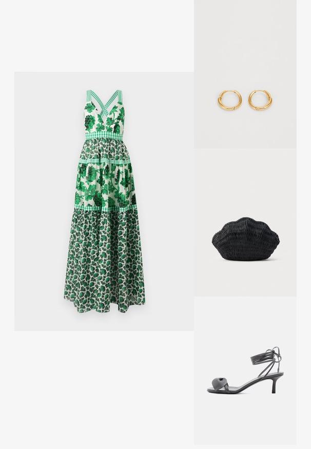 Grøn blomster maxi-kjole med en tætsiddende bodice, krydsede stropper, lagdelt design og ternede detaljer. Fremstillet af letvægtsstof.; Grå læder sandal med hæl, knyttet rem ved tæerne og snørebånd, der vikles om anklen, på slank mellemhøj hæl mod hvid baggrund.; Sort flet håndtaske formet som en muslingeskal med en buet top og flettet tekstur på en ensfarvet baggrund.; Guldfarvede hoops øreringe med en poleret finish, et tykt design og en hængsel-lukning for nem påsætning.