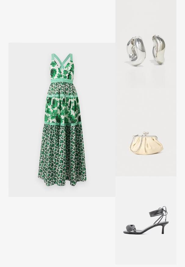 Grünes, blumiges Maxidress mit tailliertem Oberteil, gekreuzten Trägern, schichtweise Design und karierten Akzenten. Hergestellt aus leichtem Stoff.; Graue Leder-Pumps mit Absatz, verknotetem Riemen über den Zehen und Wickelriemen um den Knöchel auf schlankem, mittelhohem Absatz vor weißem Hintergrund.; Faltige beigefarbene Ledertasche mit einem silbernen Metallrahmen, ausgestattet mit zwei runden dekorativen Verschlüssen und einem silbernen Kettenriemen.; Silberne skulpturale Ohrringe mit glatten, geschwungenen Formen und reflektierenden Oberflächen. Sie verfügen über ein geschlossenes Ringdesign und eine ausgeprägte organische Form.